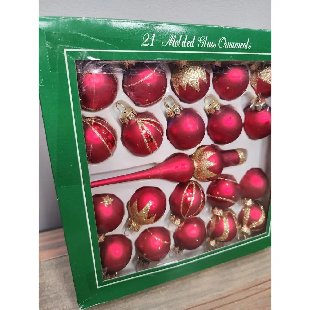 Box of 21 D&F Designs Glass Christmas Ornaments Red/Gold Glitter & Finial Topper